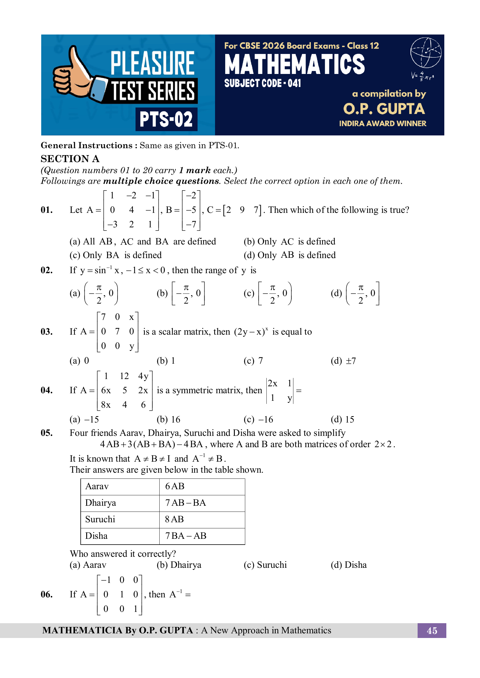 CBSE 39 SAMPLE PAPERS [Pleasure Tests Series for XII Maths (041)] by O.P. Gupta
